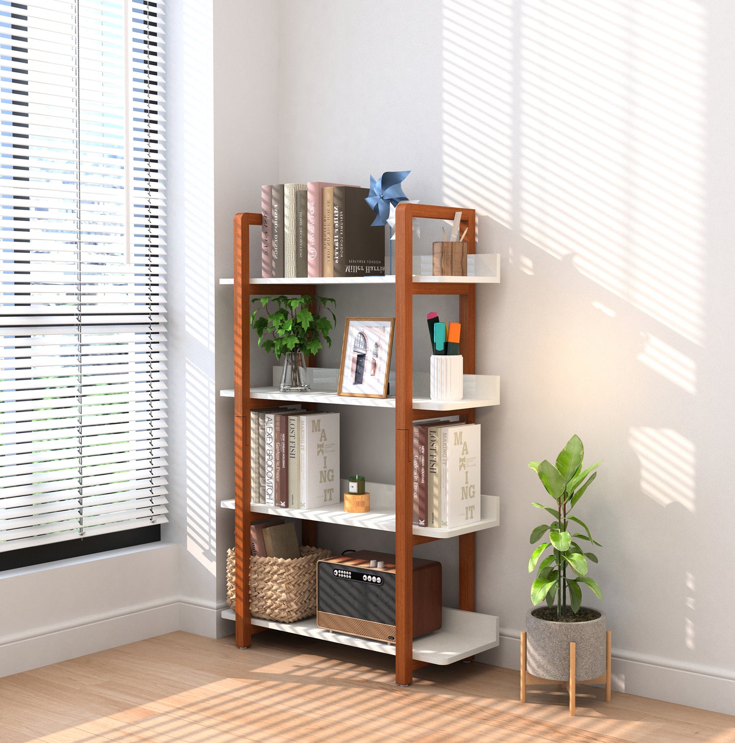 Solid Wood Bookshelf: 4-Layer Multifunctional Open Shelf for Books or Plants