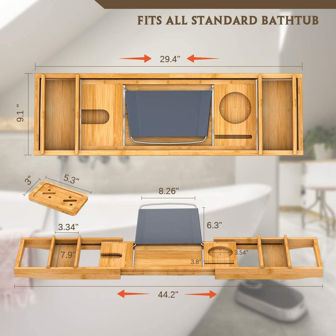 Bath Caddy Tray for Bathtub - Bamboo Adjustable Organizer Tray for Bathroom with Free Soap Dish Suitable for Luxury Spa or Reading