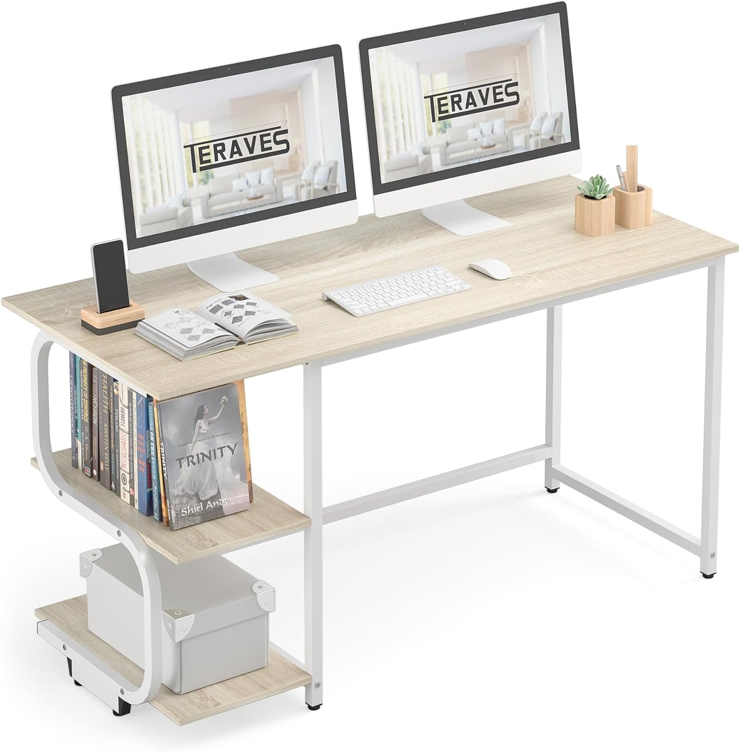 Reversible Computer Desk for Small Spaces, 47 Inch Office Desk with Shelves, Gaming Desk Writing Desk Bedroom Desk for Home Office